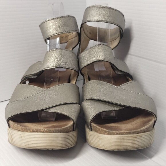 FLY London Idra Wedge Platform Sandal EU 41 Silver Metallic Leather Ankle Strap - Picture 6 of 12
